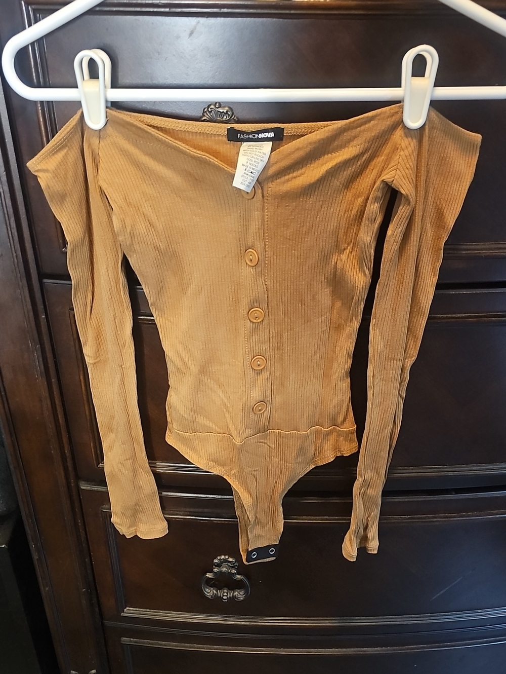 Fashion Nova Ribbed Off-Shoulder Button Front Bodysuit in Camel